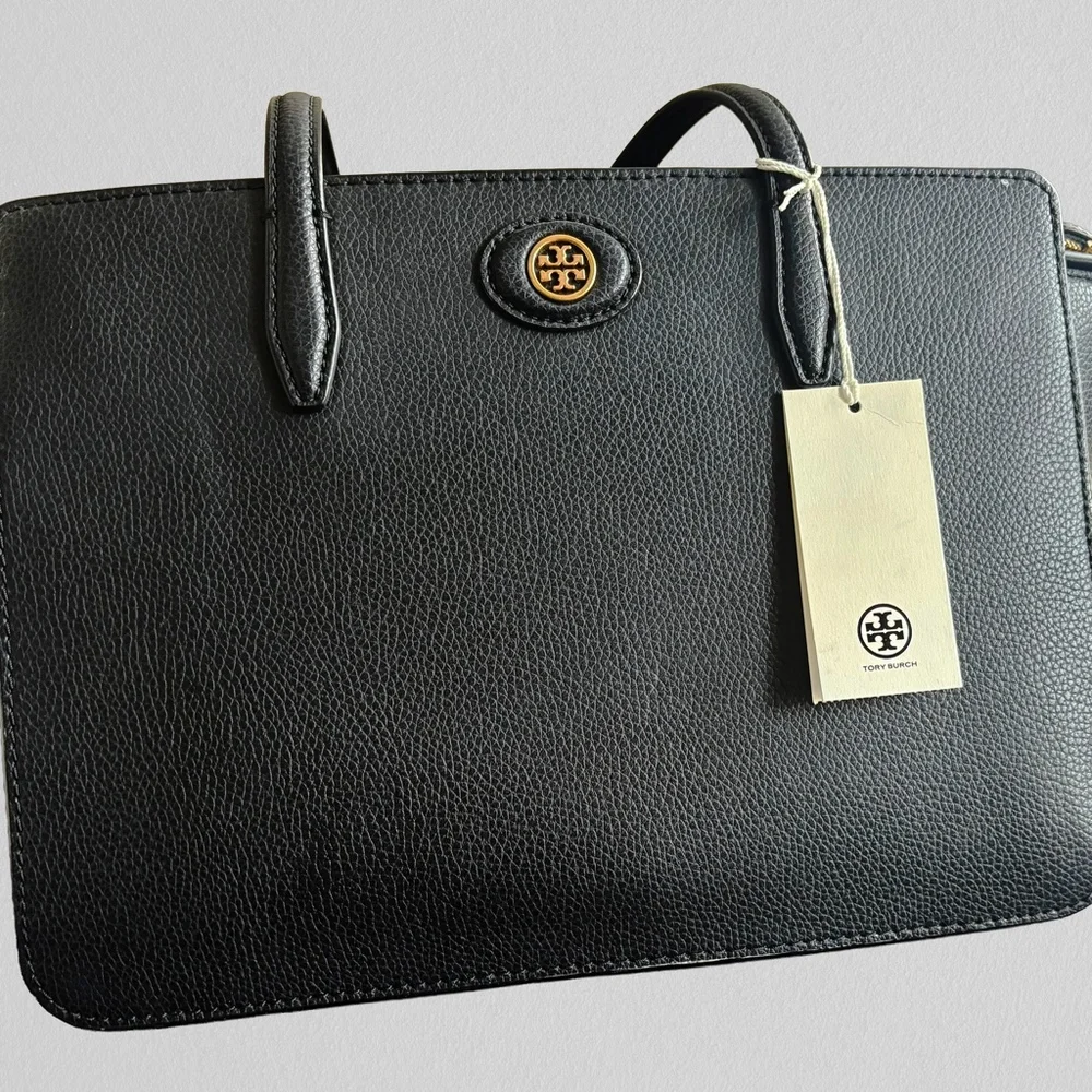 Tory Burch Robinson Pebbled Small Tote Black Leather Gold Hardware Style 143241